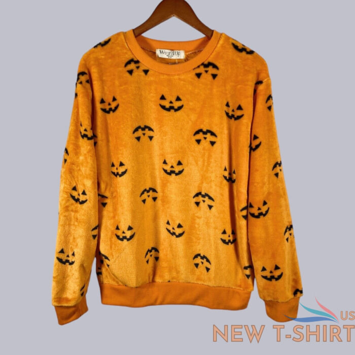 jack o lantern womens fleece sweatshirt top jr m orange halloween soft plush new 0.jpg