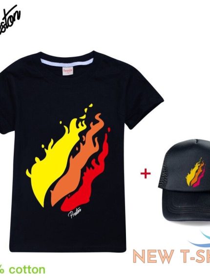 kids prestonplayz flame casual black t shirt cap sets cotton short sleeve top uk 0.jpg