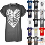 ladies halloween skeleton bones heart scary turn up sleeve womens t shirt top 0.jpg