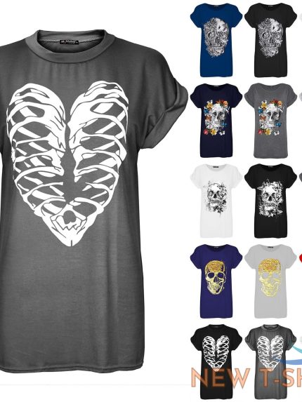 ladies halloween skeleton bones heart scary turn up sleeve womens t shirt top 0.jpg