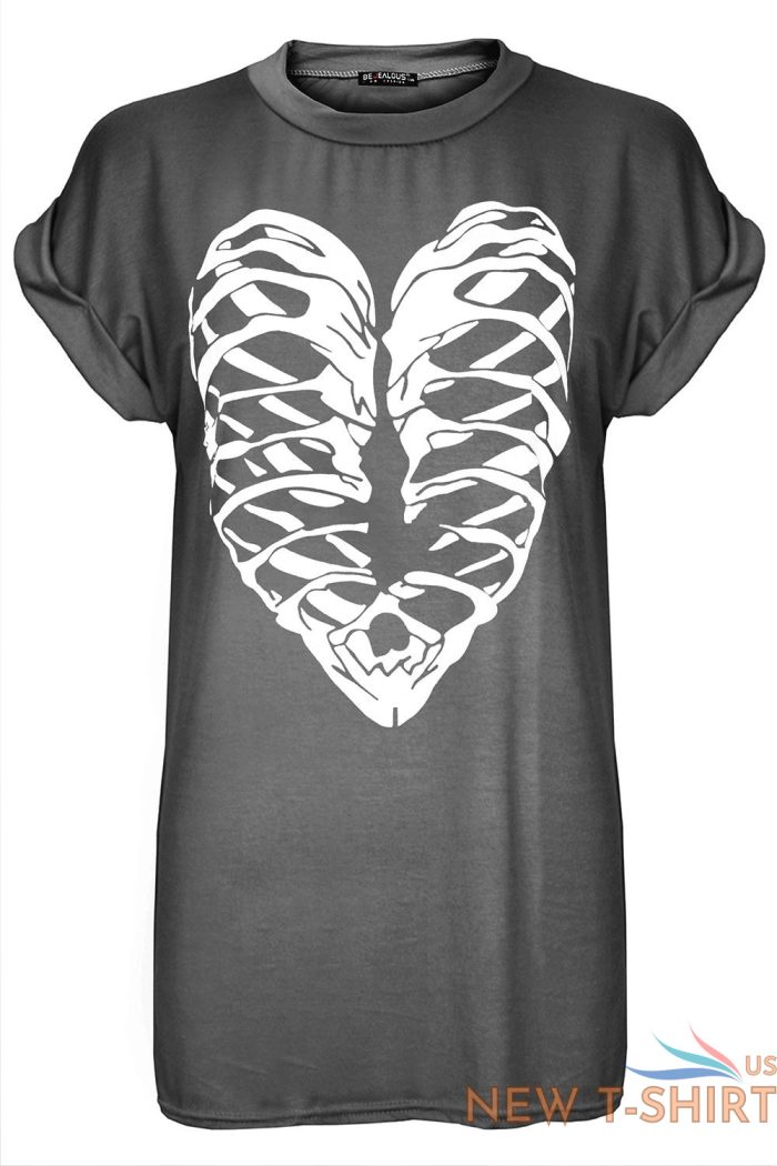 ladies halloween skeleton bones heart scary turn up sleeve womens t shirt top 2.jpg