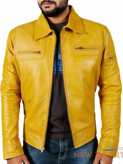 mens yellow color premium jacket genuine lambskin leather casual biker jacket 0.jpg