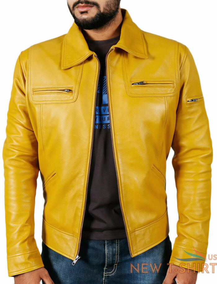 mens yellow color premium jacket genuine lambskin leather casual biker jacket 0.jpg