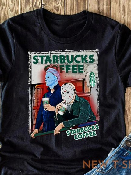 michael myers and jason voorhees drink starbucks coffee funny t shirt halloween 0.jpg