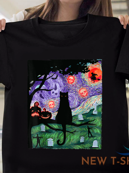 pumpkin witch skeleton and black cat starry night cat halloween costume t shirt 0.png