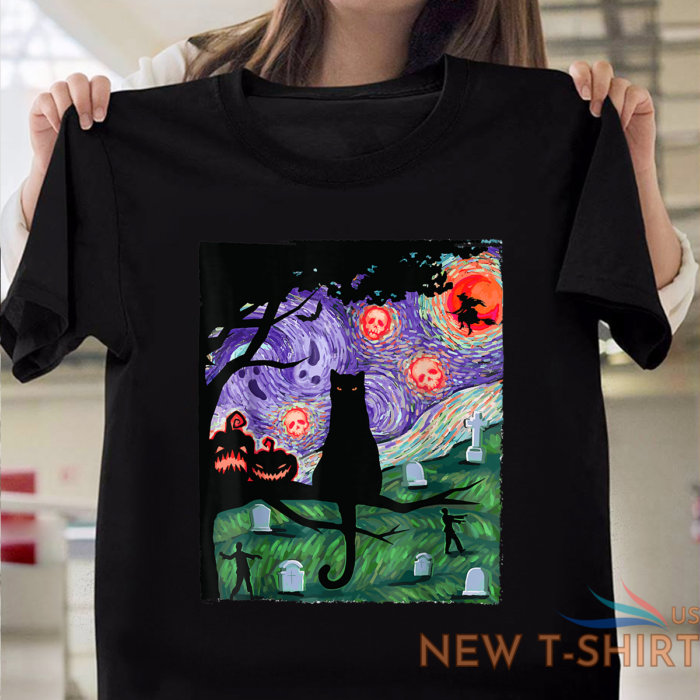 pumpkin witch skeleton and black cat starry night cat halloween costume t shirt 0.png
