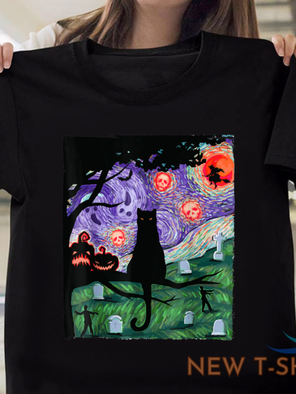 pumpkin witch skeleton and black cat starry night cat halloween costume t shirt 1.png