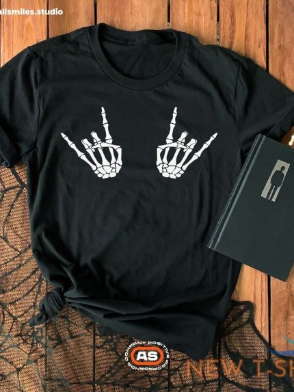 rock on skeleton hand t shirt halloween t womens mens unisex slogan t shirt 0.jpg