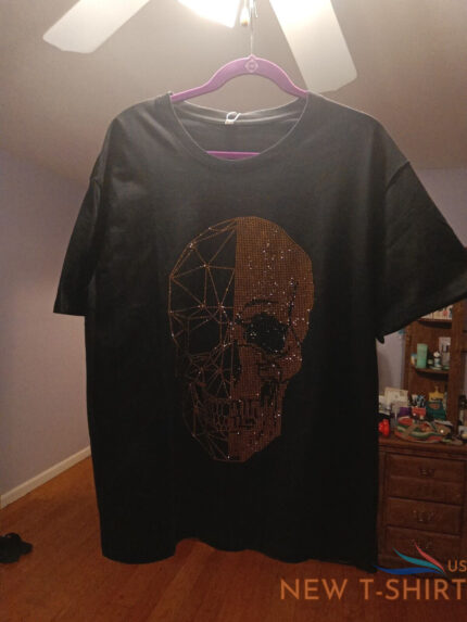 skull t shirt black mens tshirt large halloween short sleeve gold reinstones 0.jpg