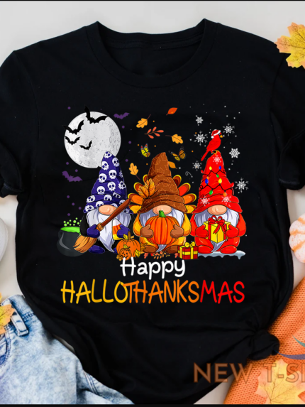 three gnomes hallothanksmas halloween christmas thanksgiving t shirt unisex 0.png