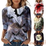 womens happy halloween printed 3 4 length sleeve o neck t shirt top blouse zf 0.jpg