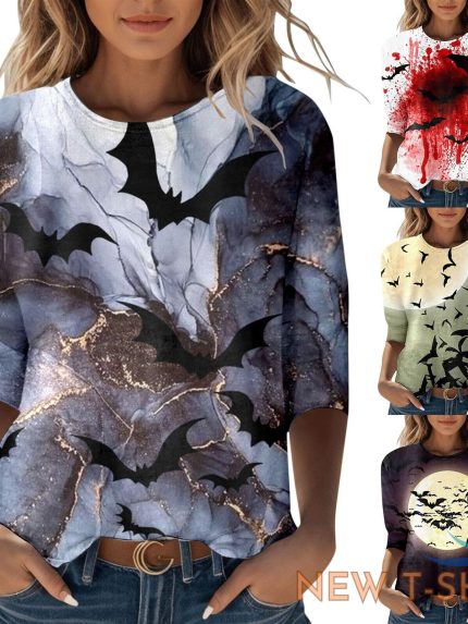 womens happy halloween printed 3 4 length sleeve o neck t shirt top blouse zf 0.jpg