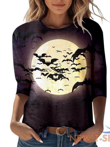 womens happy halloween printed 3 4 length sleeve o neck t shirt top blouse zf 1.jpg