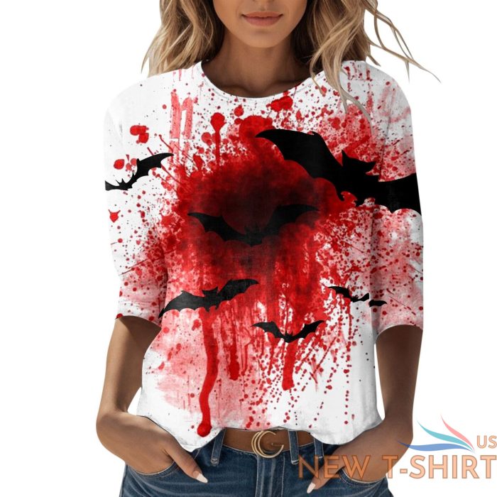 womens happy halloween printed 3 4 length sleeve o neck t shirt top blouse zf 3.jpg