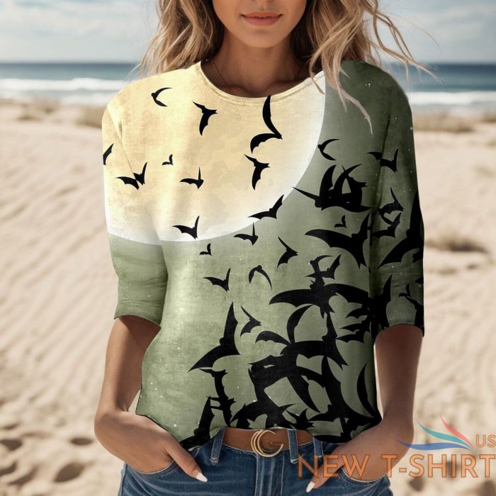 womens happy halloween printed 3 4 length sleeve o neck t shirt top blouse zf 9.jpg