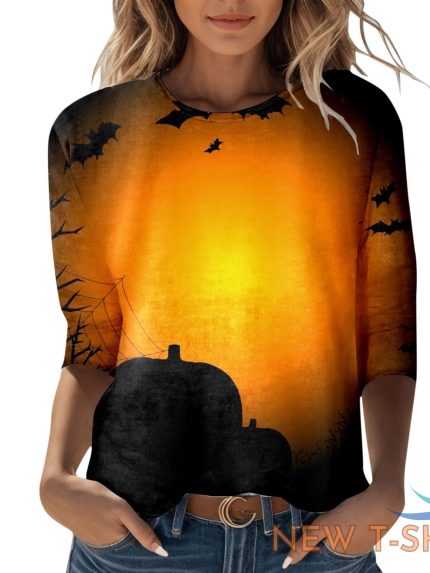 womens happy halloween printed 3 4 length sleeve o neck t shirt womens t shirt 1.jpg