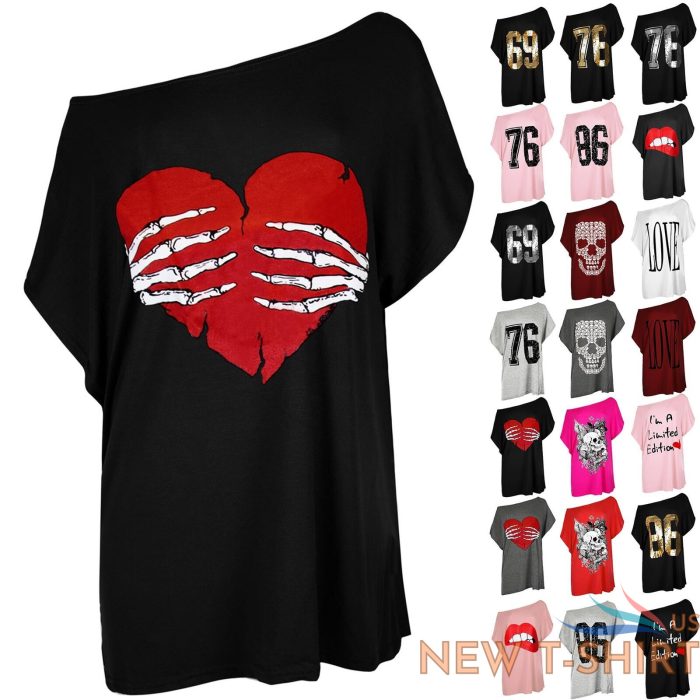 womens ladies batwing sleeve printed off shoulder bardot oversized t shirt top 0.jpg