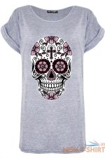 womens ladies dead sugar skull floral turn up sleeve halloween baggy t shirt top 1.jpg