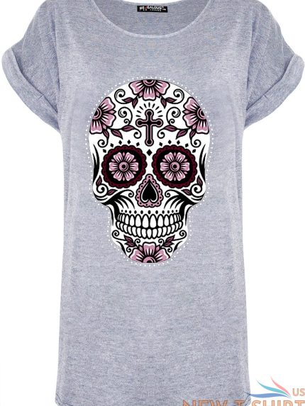 womens ladies dead sugar skull floral turn up sleeve halloween baggy t shirt top 1.jpg