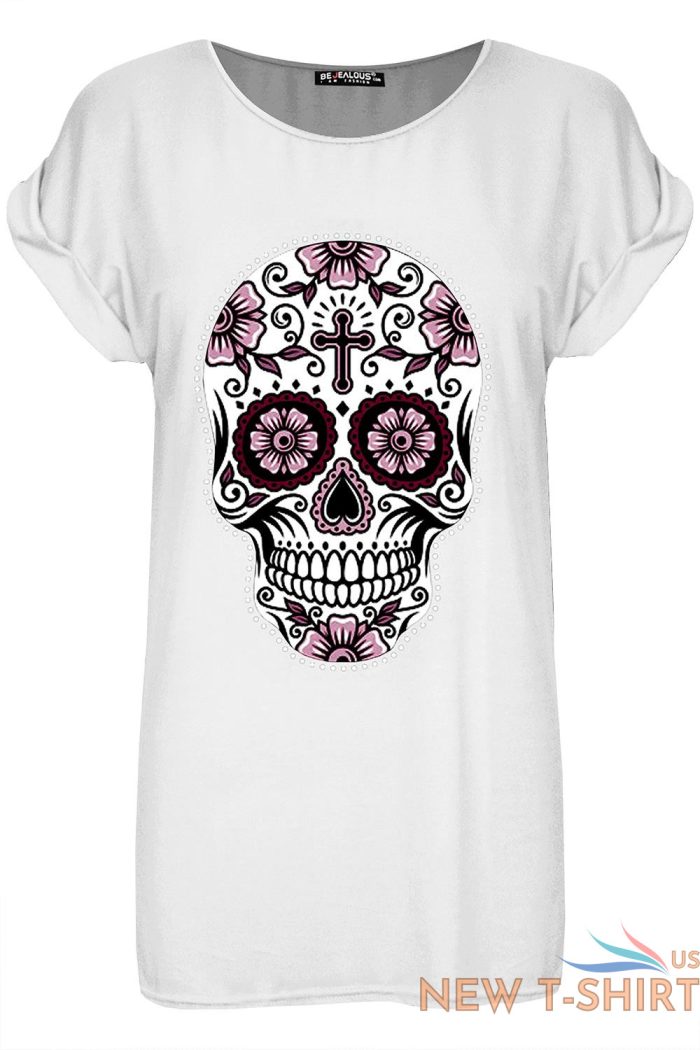 womens ladies dead sugar skull floral turn up sleeve halloween baggy t shirt top 2.jpg