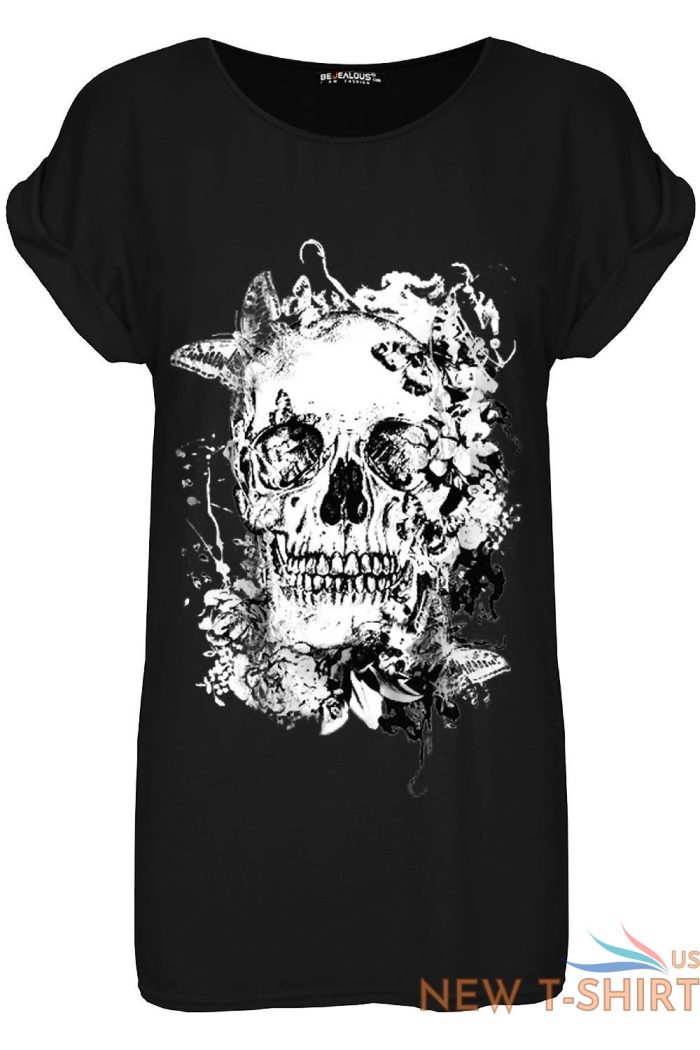 womens ladies dead sugar skull floral turn up sleeve halloween baggy t shirt top 3.jpg