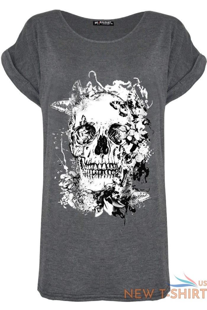 womens ladies dead sugar skull floral turn up sleeve halloween baggy t shirt top 4.jpg