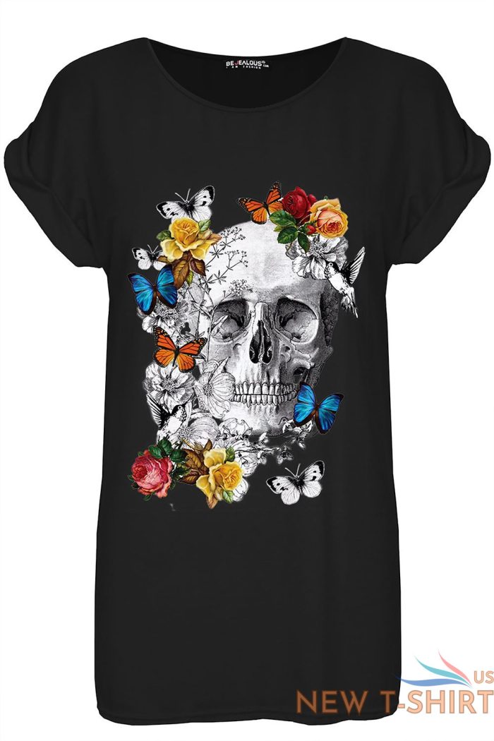 womens ladies dead sugar skull floral turn up sleeve halloween baggy t shirt top 5.jpg