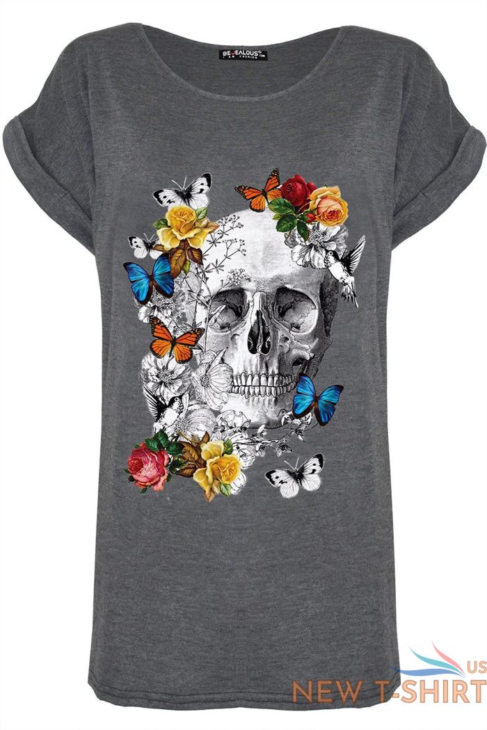 womens ladies dead sugar skull floral turn up sleeve halloween baggy t shirt top 7.jpg