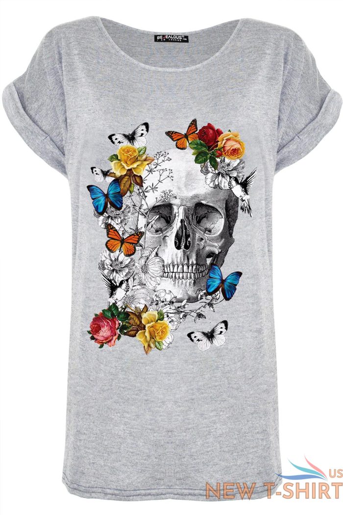 womens ladies dead sugar skull floral turn up sleeve halloween baggy t shirt top 8.jpg