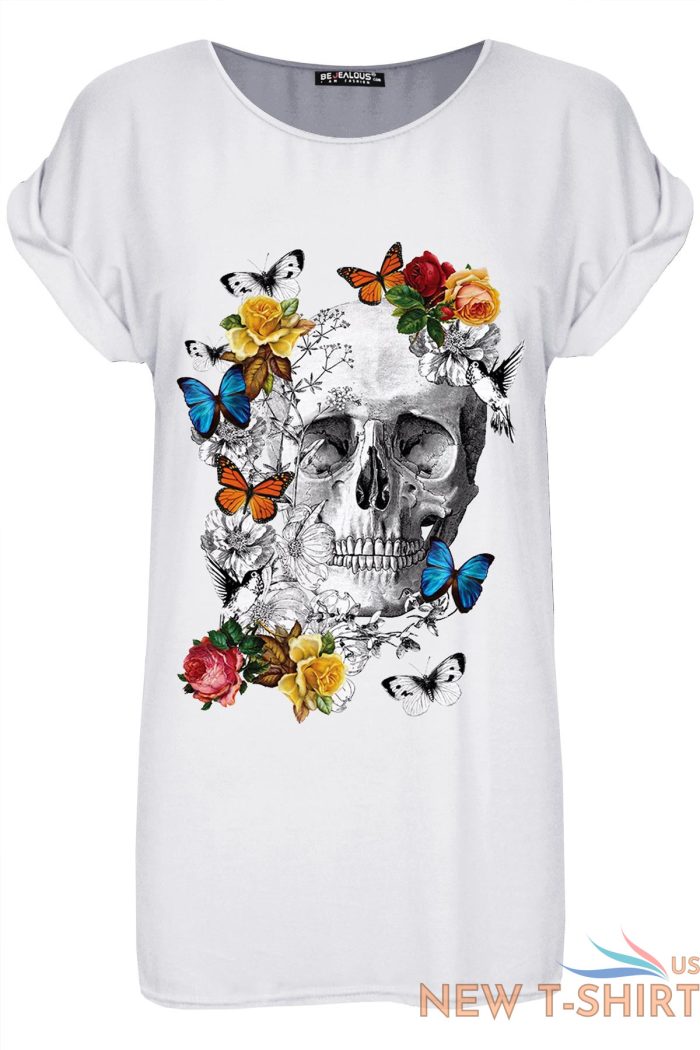 womens ladies dead sugar skull floral turn up sleeve halloween baggy t shirt top 9.jpg