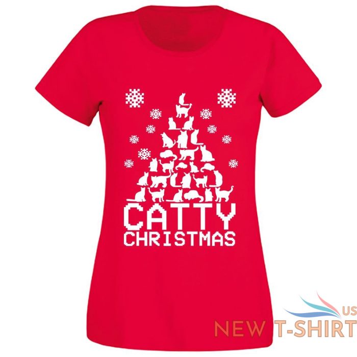 catty tree christmas print t shirt girls short sleeve top cotton tee women xmas 2.jpg