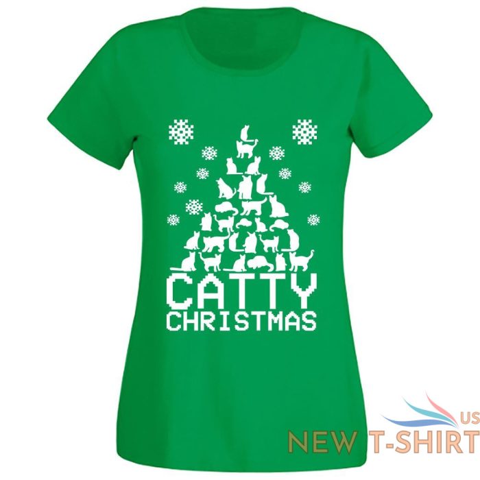 catty tree christmas print t shirt girls short sleeve top cotton tee women xmas 3.jpg