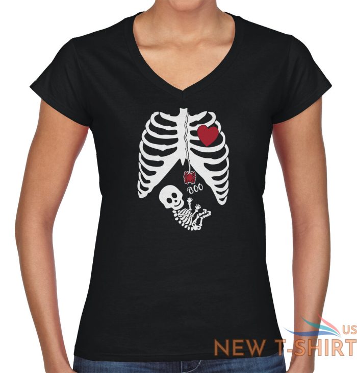 funny pregnant halloween cute skeleton baby womens juniors petite v neck tee 2.jpg