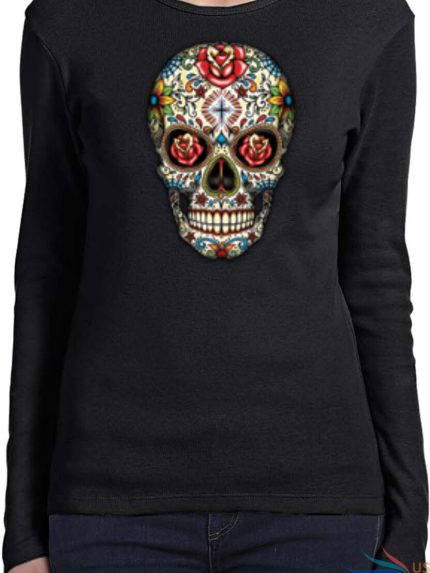 ladies halloween t shirt sugar skull with roses long sleeve 0.jpg