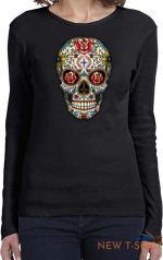 ladies halloween t shirt sugar skull with roses long sleeve 1.jpg