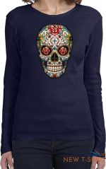 ladies halloween t shirt sugar skull with roses long sleeve 3.jpg