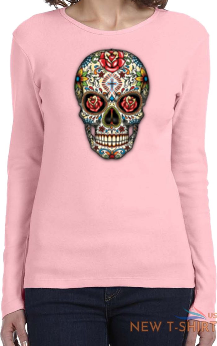ladies halloween t shirt sugar skull with roses long sleeve 4.jpg