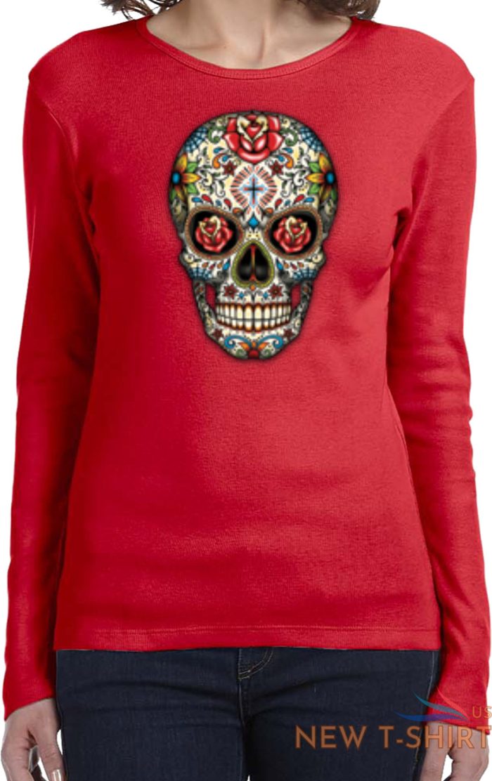 ladies halloween t shirt sugar skull with roses long sleeve 5.jpg