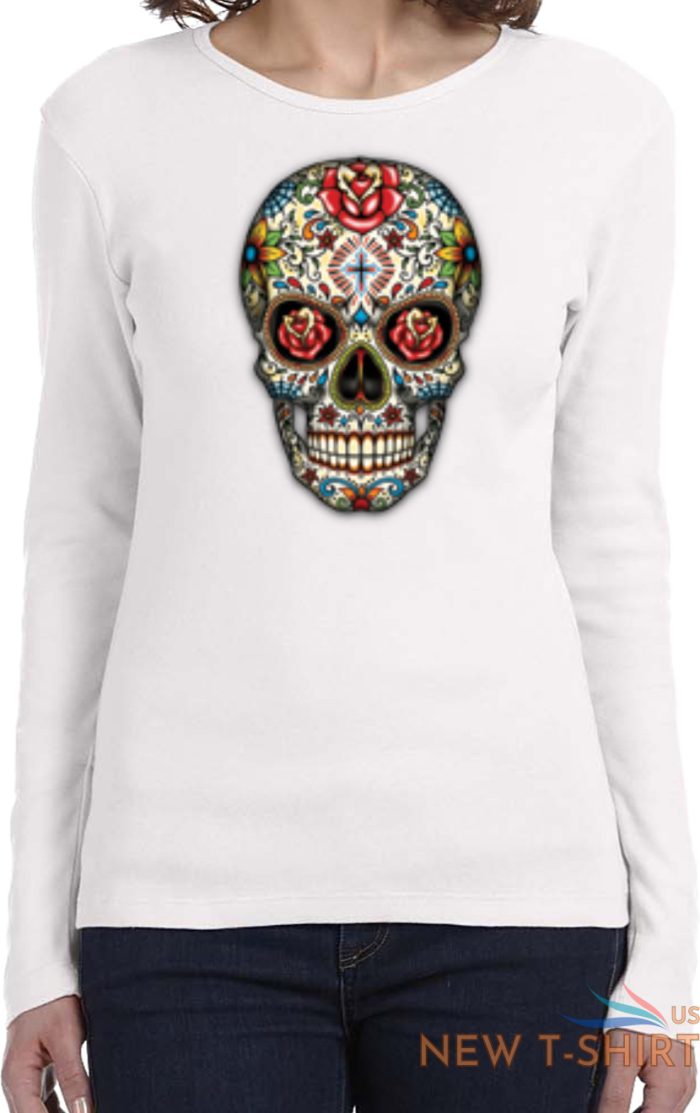ladies halloween t shirt sugar skull with roses long sleeve 6.jpg