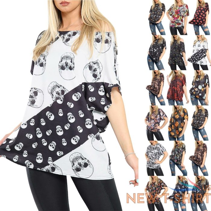 ladies womens halloween multi skull baggy short sleeve oversized tee t shirt top 0.jpg