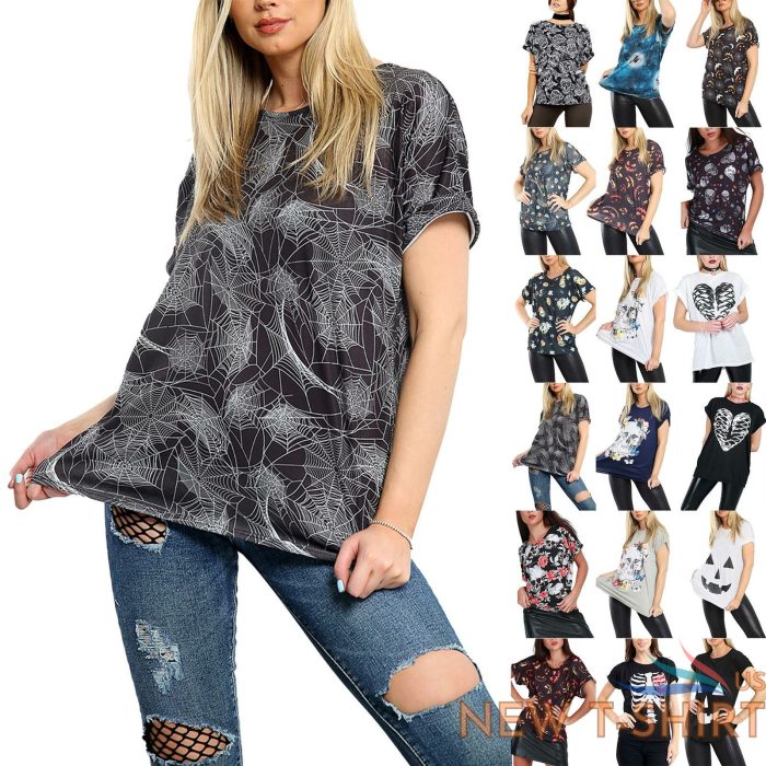 ladies womens turn up cap sleeve halloween printed baggy basic tee top t shirt 0.jpg