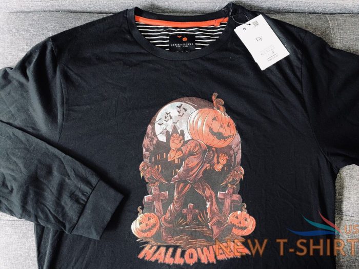 men s m medium halloween long sleeve shirt jack o lantern cemetery denim flower 4.jpg