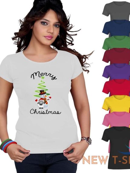 merry christmas tree snowman top printed tshirt womens short sleeve tee 0.jpg