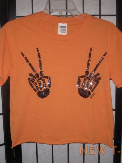 nwt victoria s secret pink halloween skeleton peace sign hands bling t shirt top 0.jpg