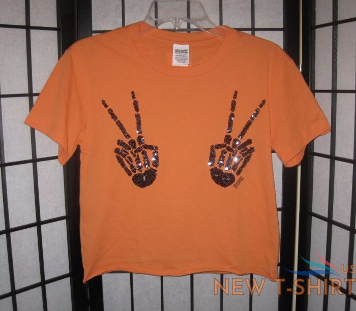 nwt victoria s secret pink halloween skeleton peace sign hands bling t shirt top 0.jpg