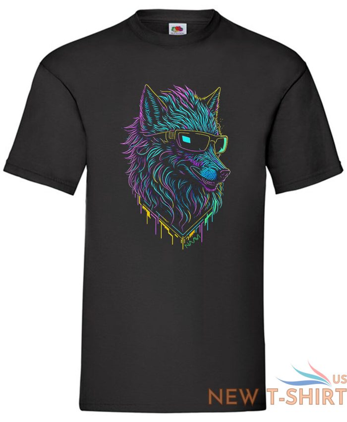 retrowave neon wolf with glasses party clubing t shirt for mens womens kids tee 0.jpg