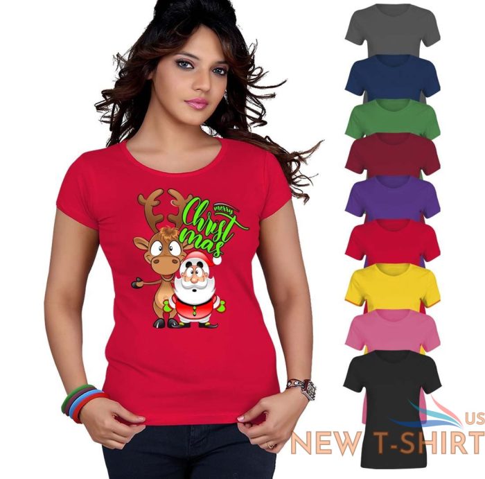 santa reindeer merry christmas xmas top printed tshirt womens short sleeve tee 1.jpg