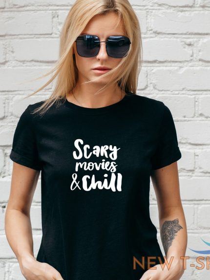 scary movies and chill t shirt white motif halloween unisex lady fit 0.jpg