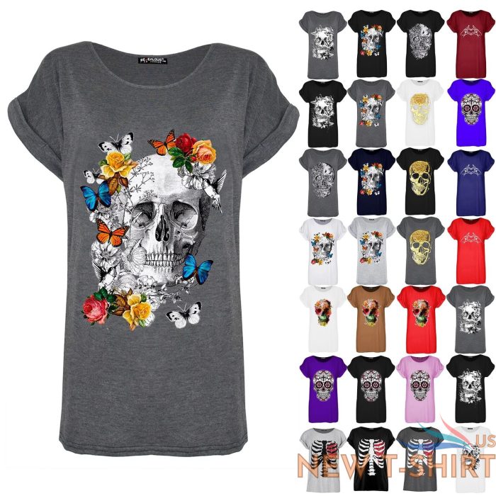 womens ladies butterfly flower skull halloween baggy turn up sleeve t shirt top 0 1.jpg