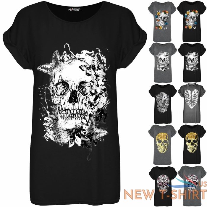 womens ladies oversized halloween grey skull butterfly flowers baggy t shirt top 0.jpg